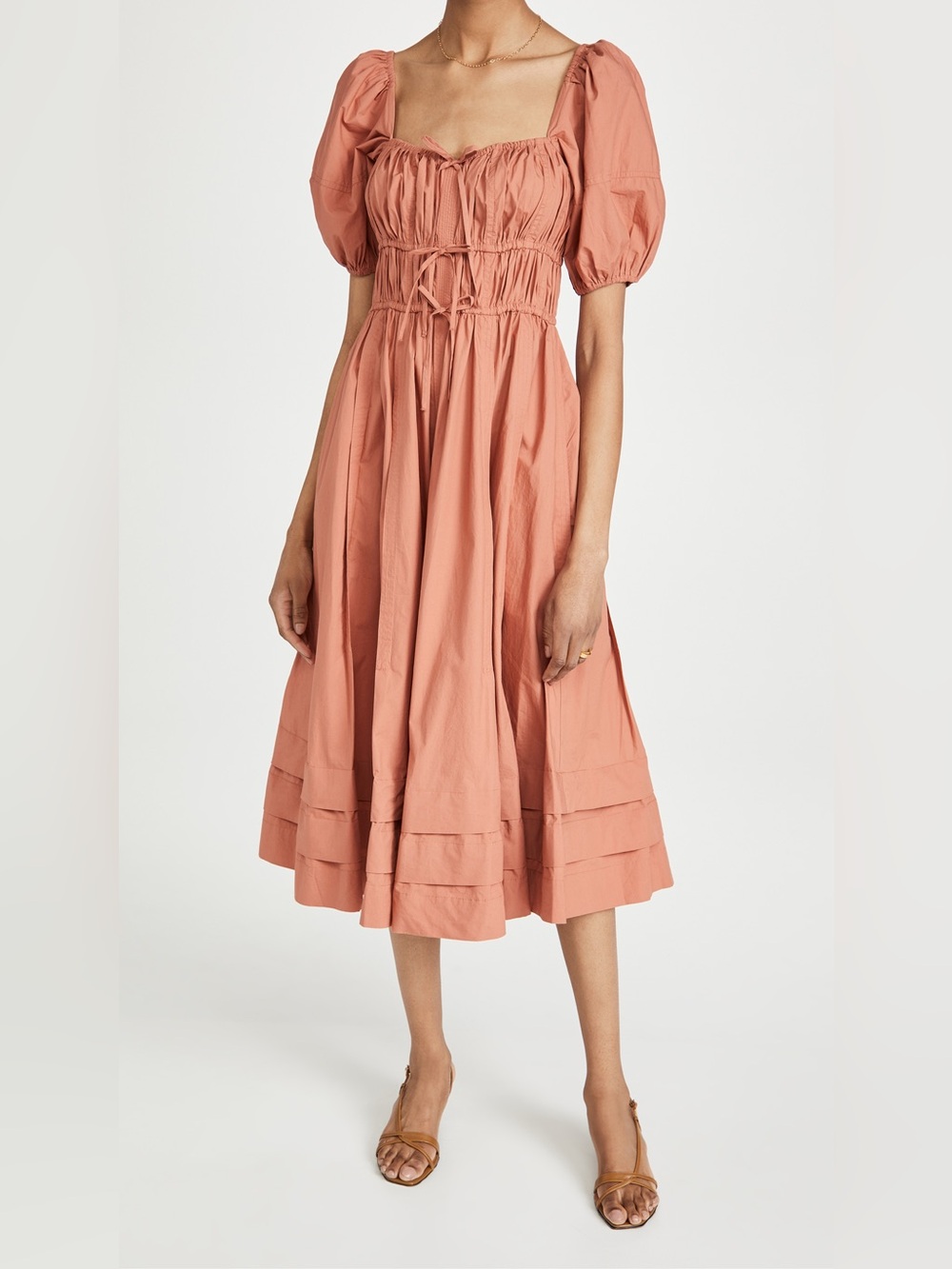 Ulla Johnson Palma Tie-detailed Gathered Cotton-poplin Midi Dress in Coral